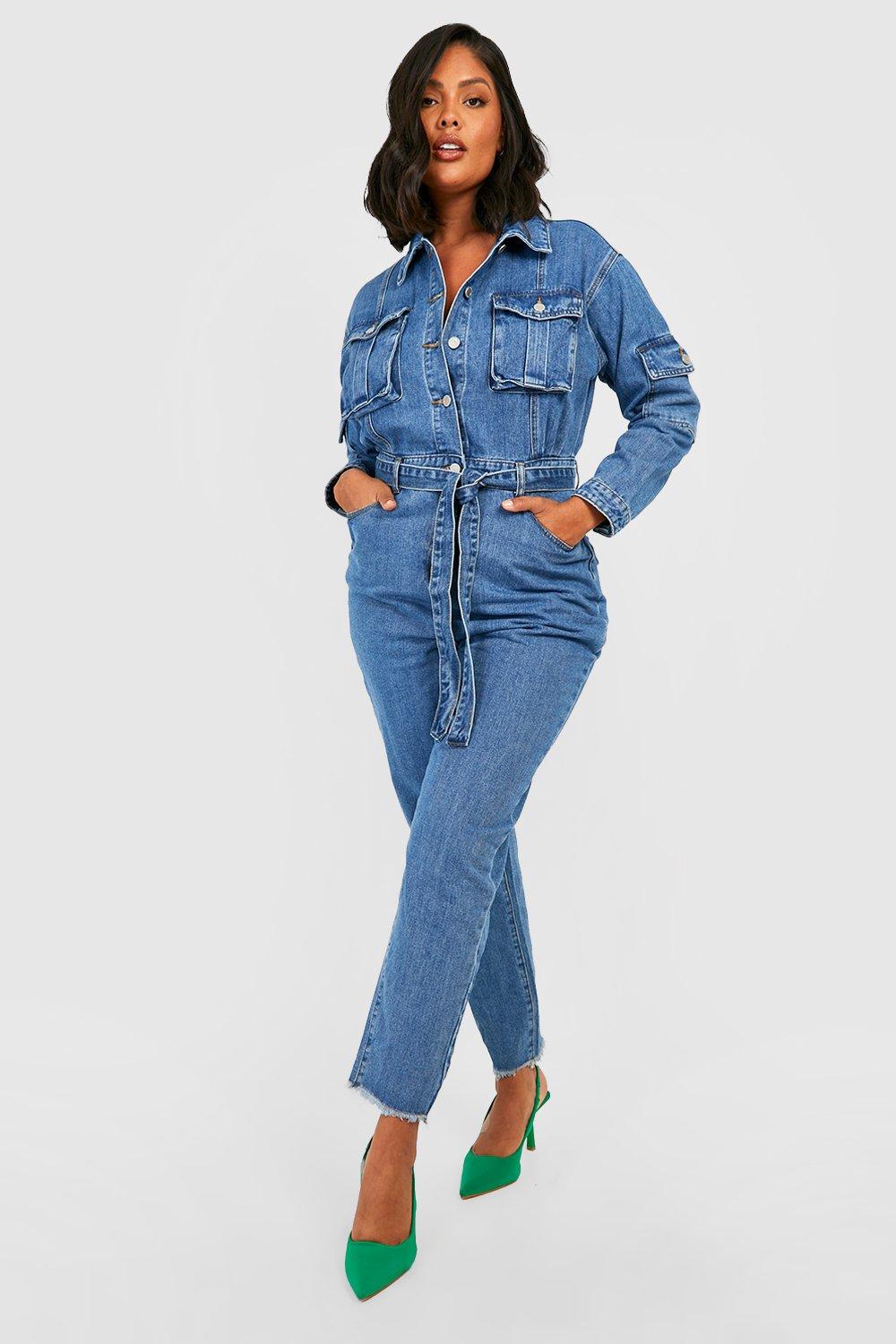 Womens Plus Belted Tapered Cargo Denim Boilersuit - Blue - 18, Blue