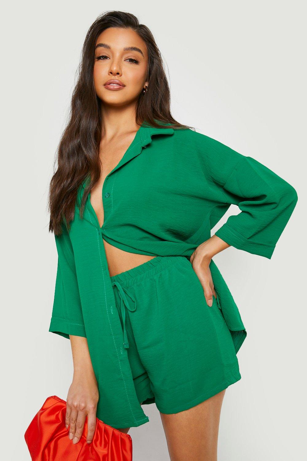 Image of Set camicia oversize con trama & pantaloncini, Verde