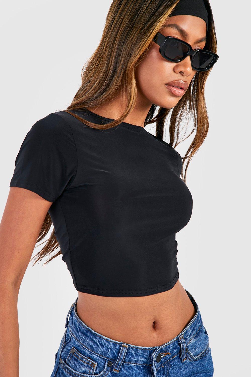 Womens Slinky Basic Short Sleeve Crop Top - Black - 8, Black