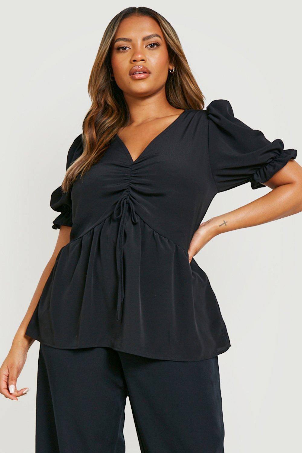 Boohoo Plus Geweven Geplooide Peplum Top Met Stippen, Black