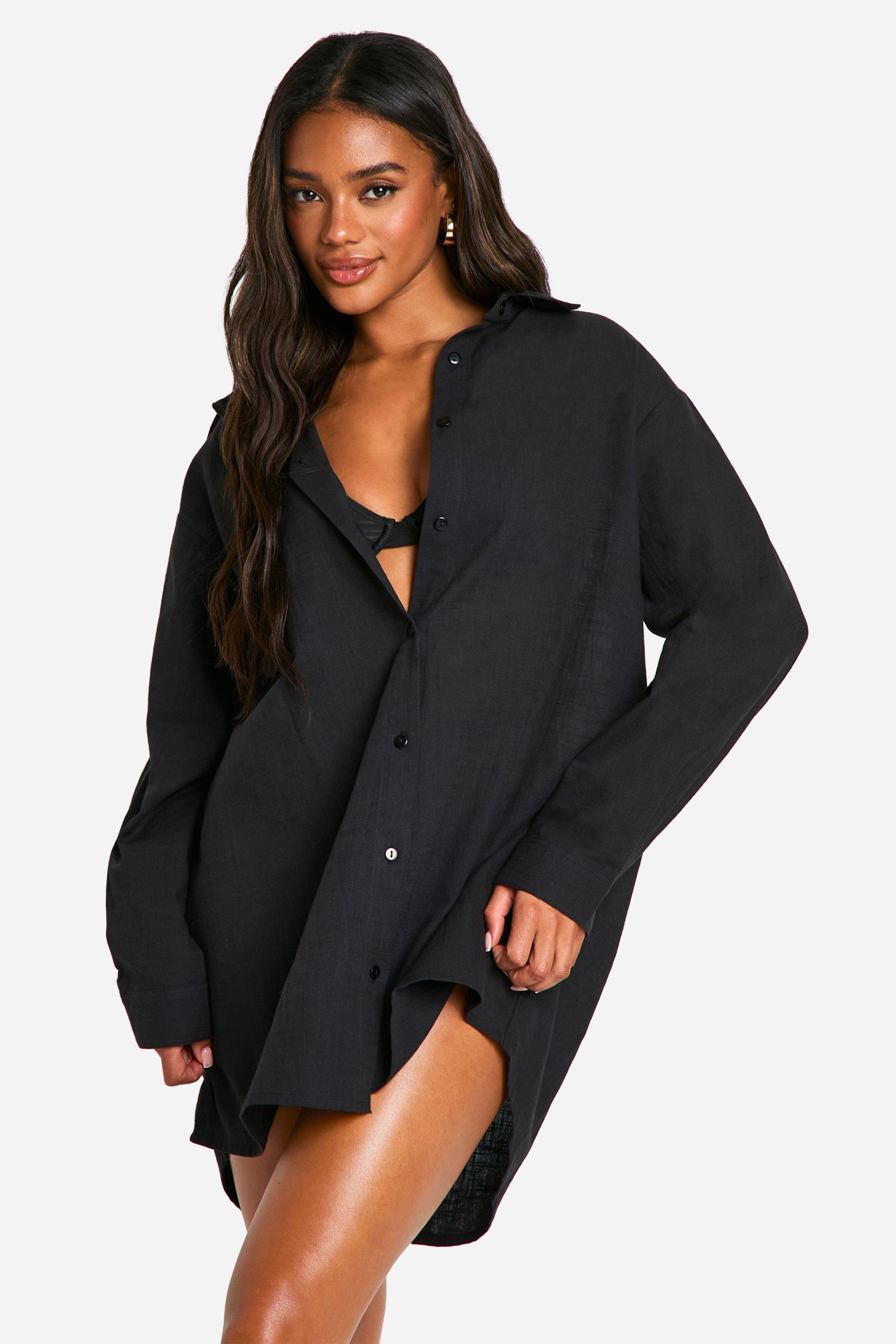 Womens Linen Look Oversized Beach Shirt - Black - M, Black