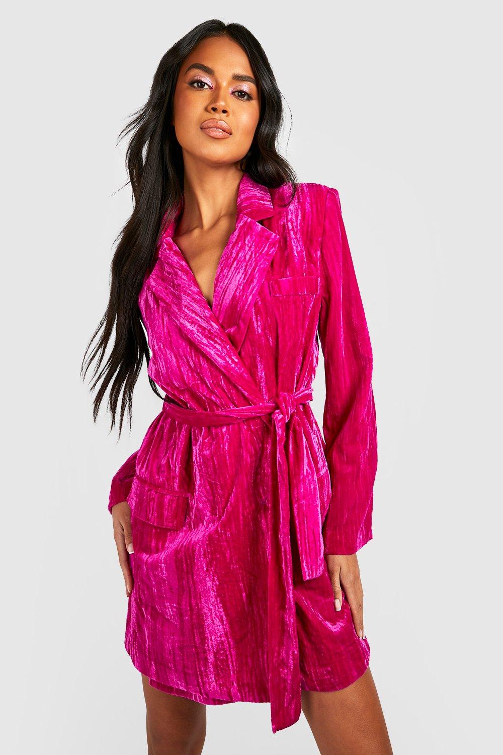Womens Velvet Tie Waist Blazer Party Dress - Pink - 12, Pink