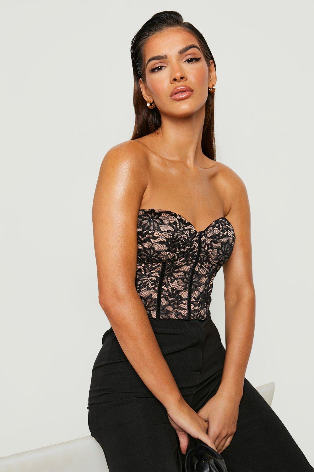 Womens Strapless Lace Corset Top - Black - M, Black