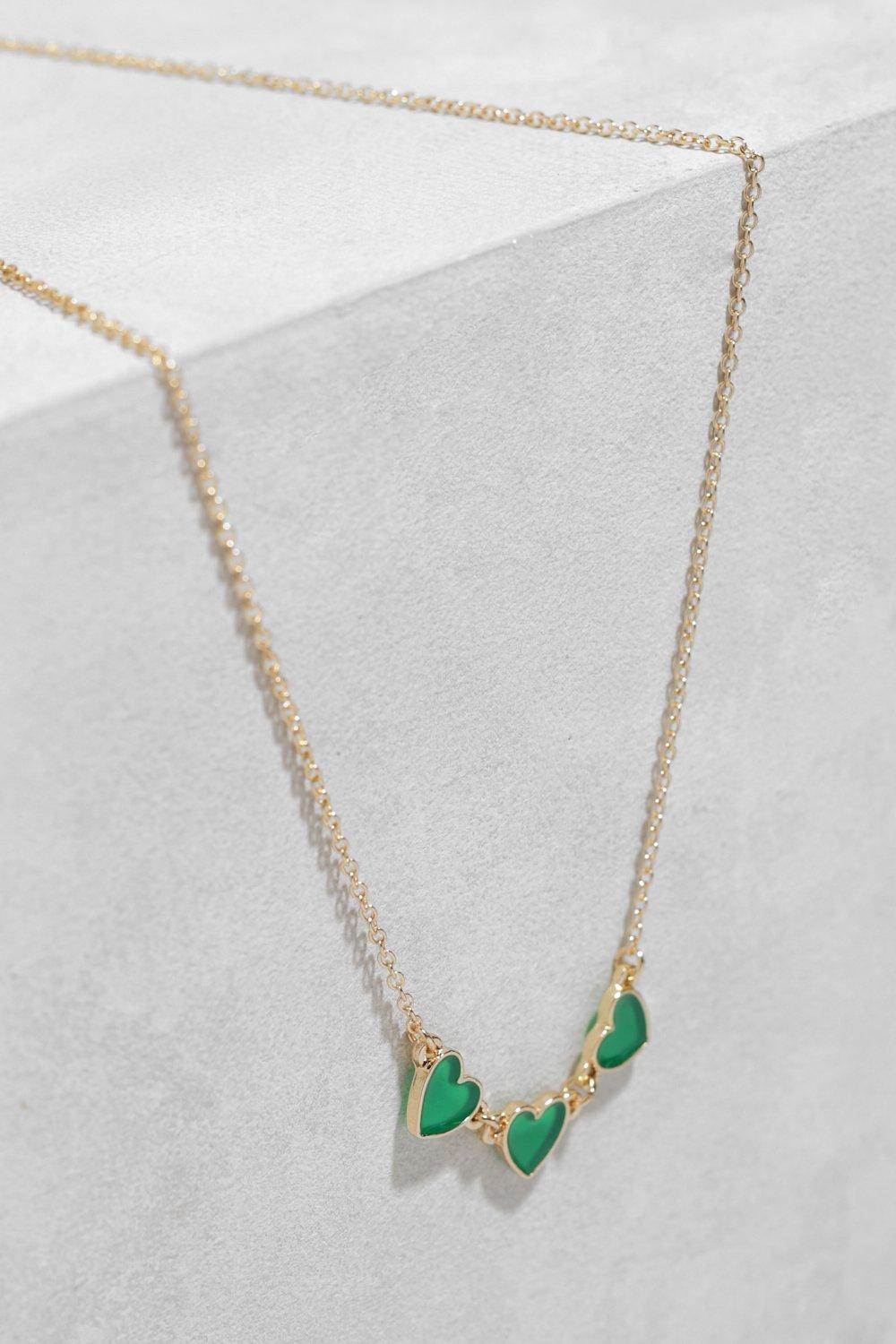 Womens Gold Triple Heart Detail Necklace - Green - One Size, Green