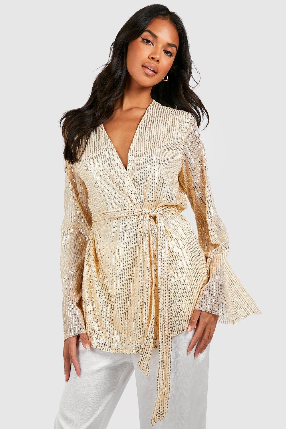 womens wrap sequin flare sleeve blouse - gold - 14, gold