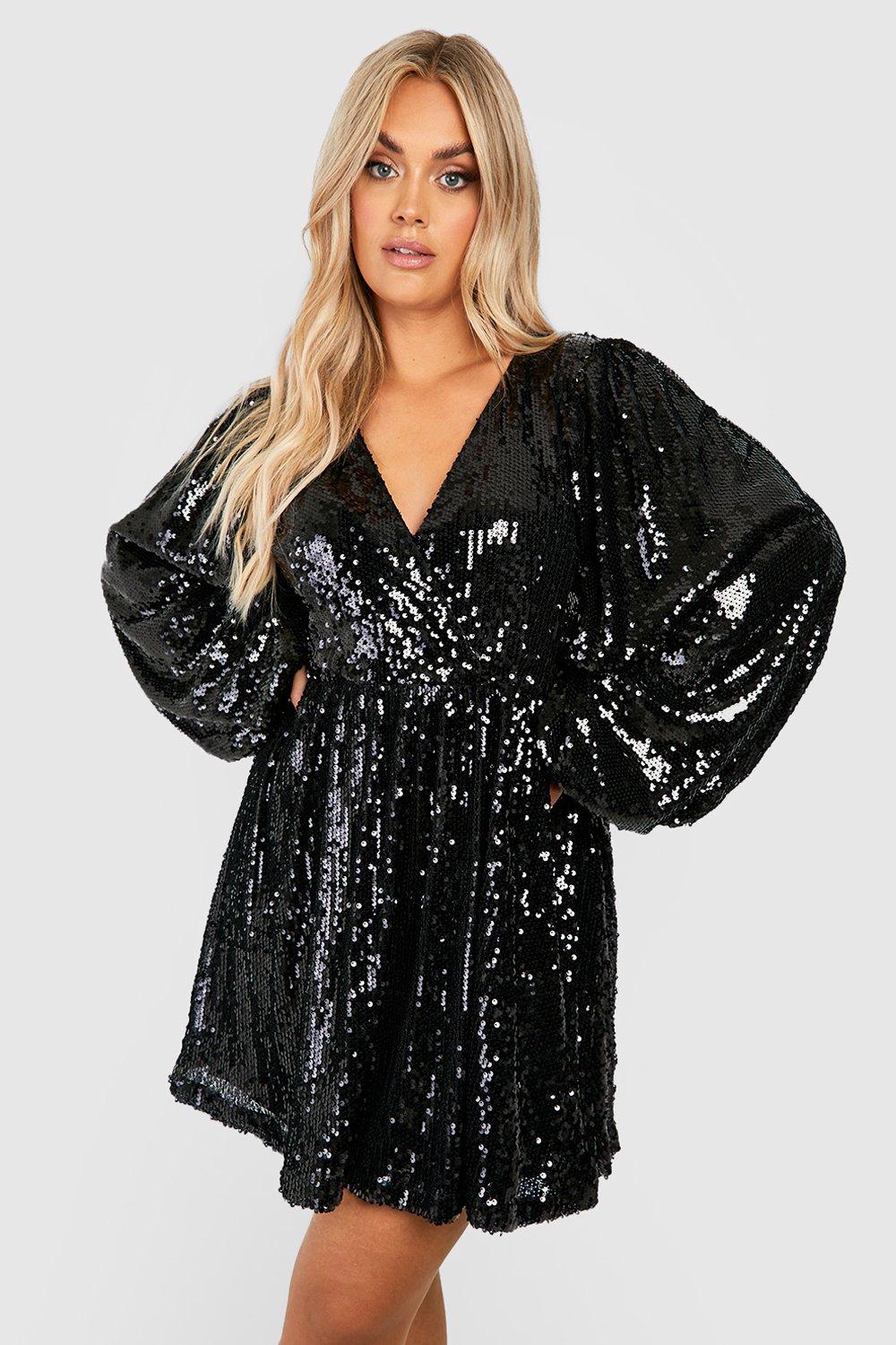 Image of Vestito Skater Plus Size iridescente con maniche a campana estreme, Nero