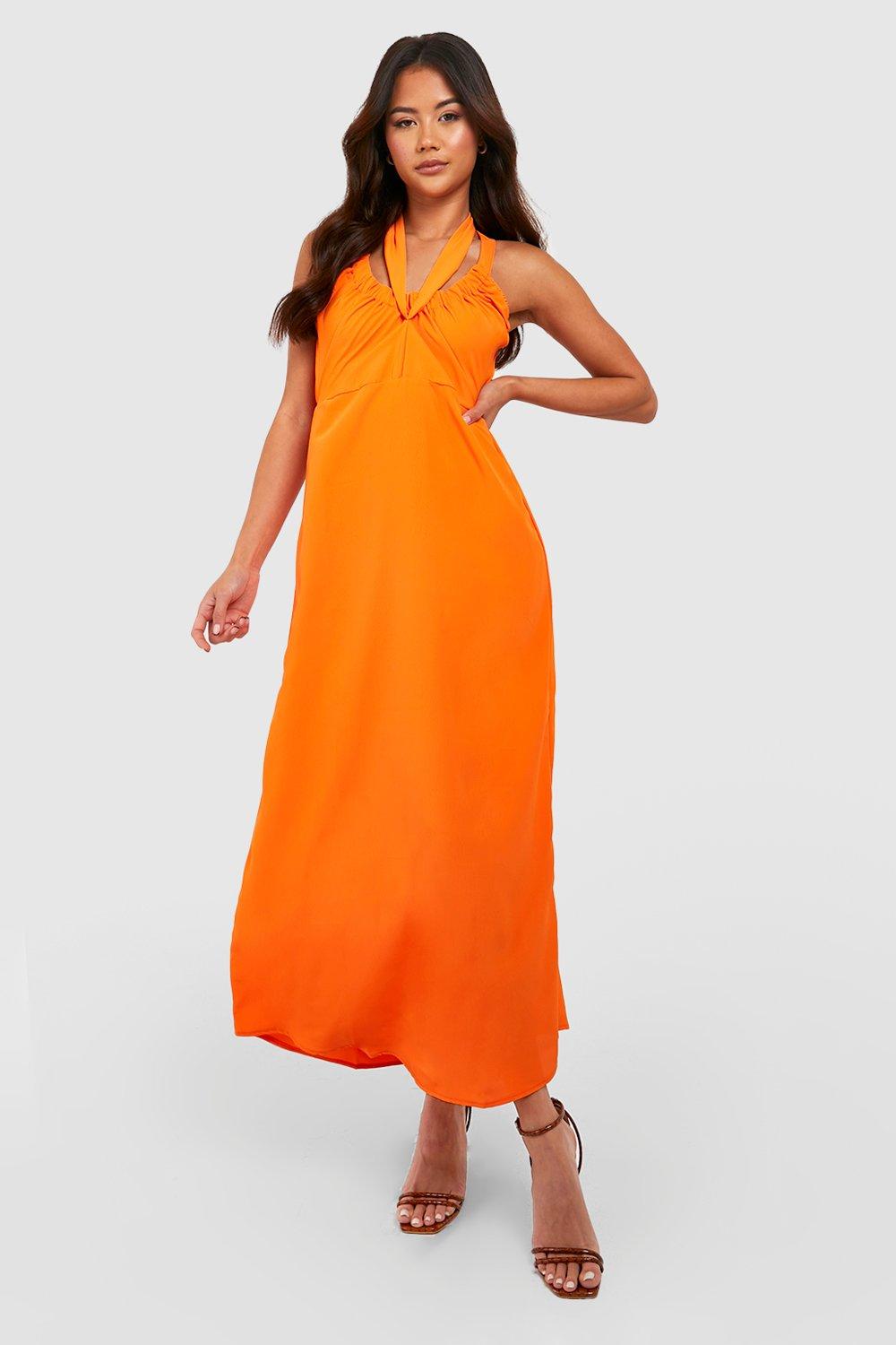 Womens Ruched Woven Midi Dress - Orange - 12, Orange