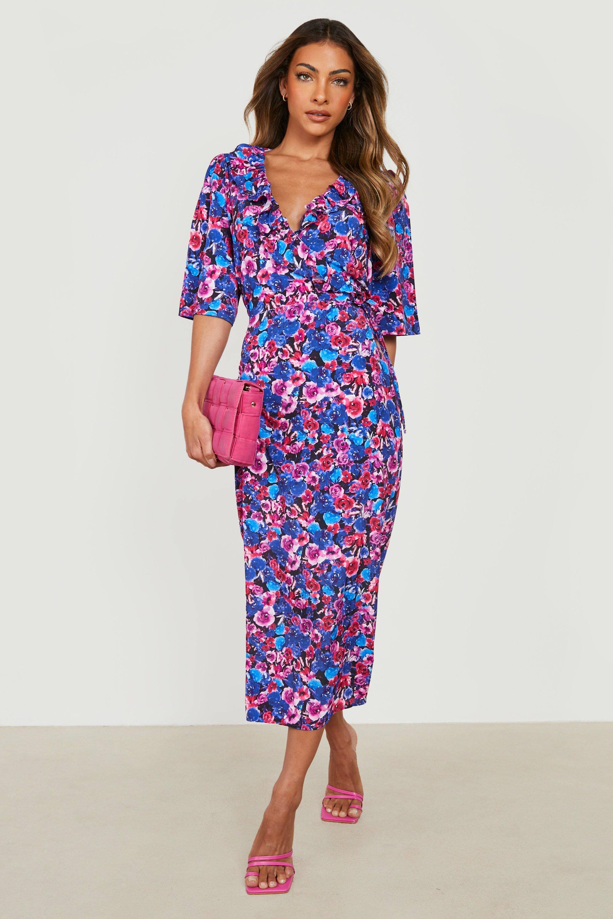 Robe Mi-Longue À Volants Et Imprimé Fleuri - Bleu - 38, Bleu