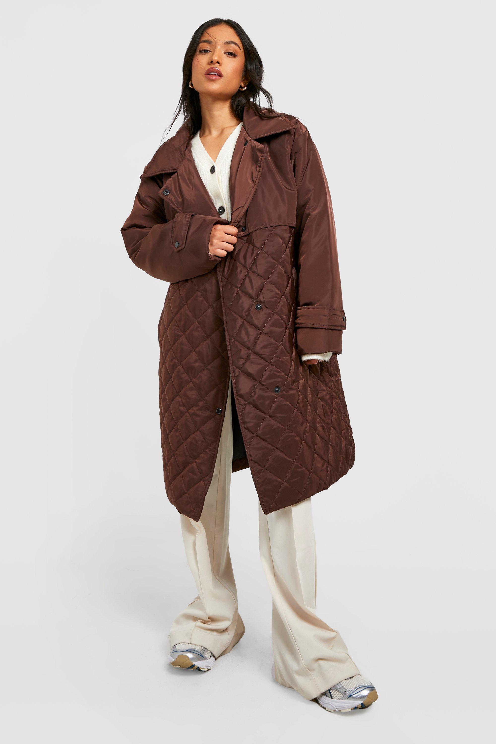 Womens Petite Oversized Quilted Double Layer Trench Coat - Brown - 4, Brown