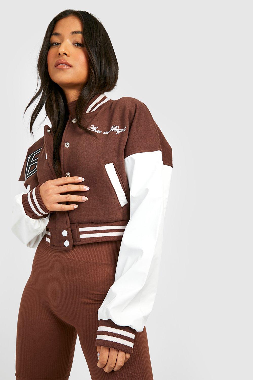 Womens Petite Contrast Sleeve Badge Varsity Bomber - Brown - 12, Brown