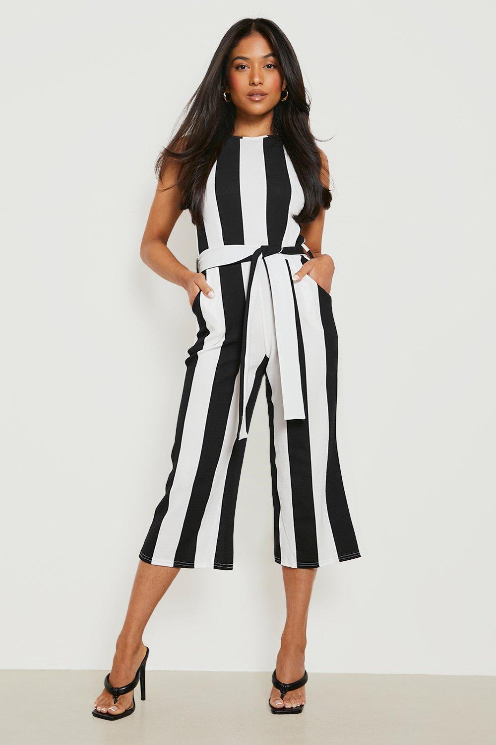 Womens Petite Monochrome Belted Striped Jumpsuit - Black - 8, Black