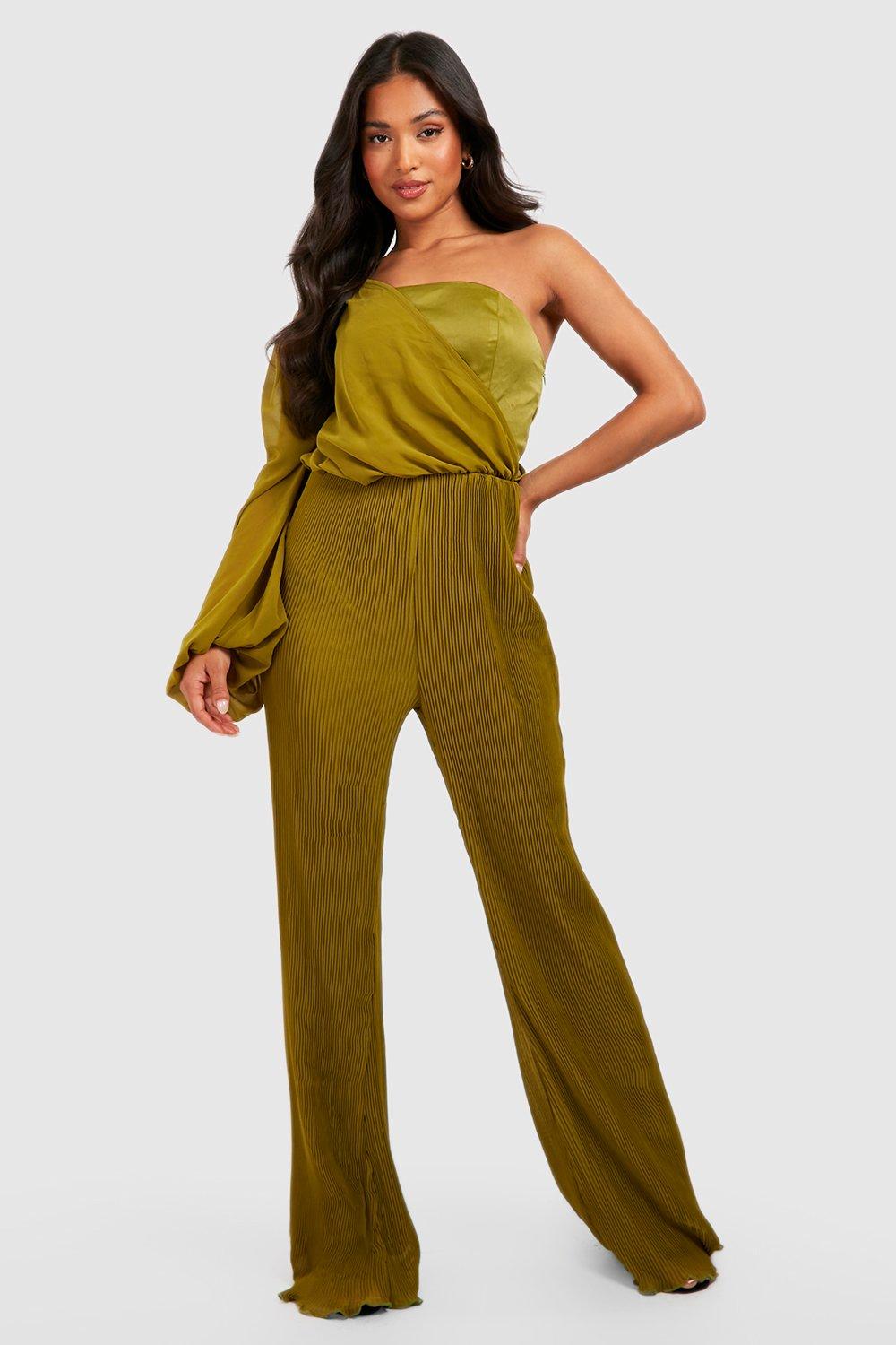 Womens Petite One Shoulder Chiffon Plisse Jumpsuit - Green - 8, Green