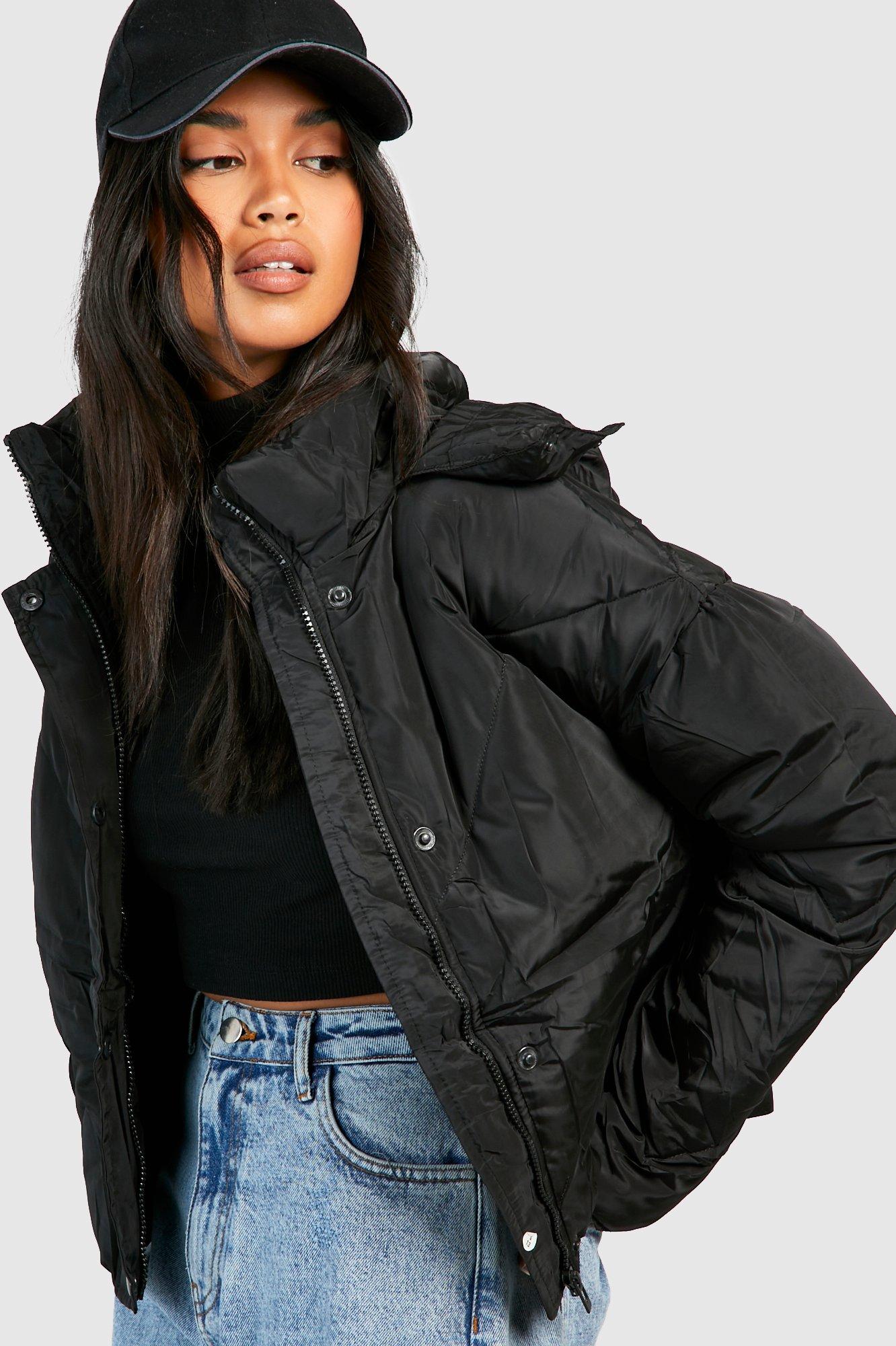 Womens Hooded Puffer Jacket - Black - 14, Black