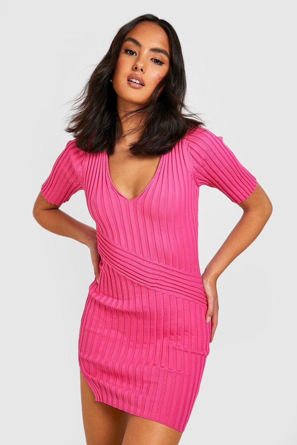 Boohoo Geribbelde Two Tone Jurk Met Polo Kraag, Hot Pink