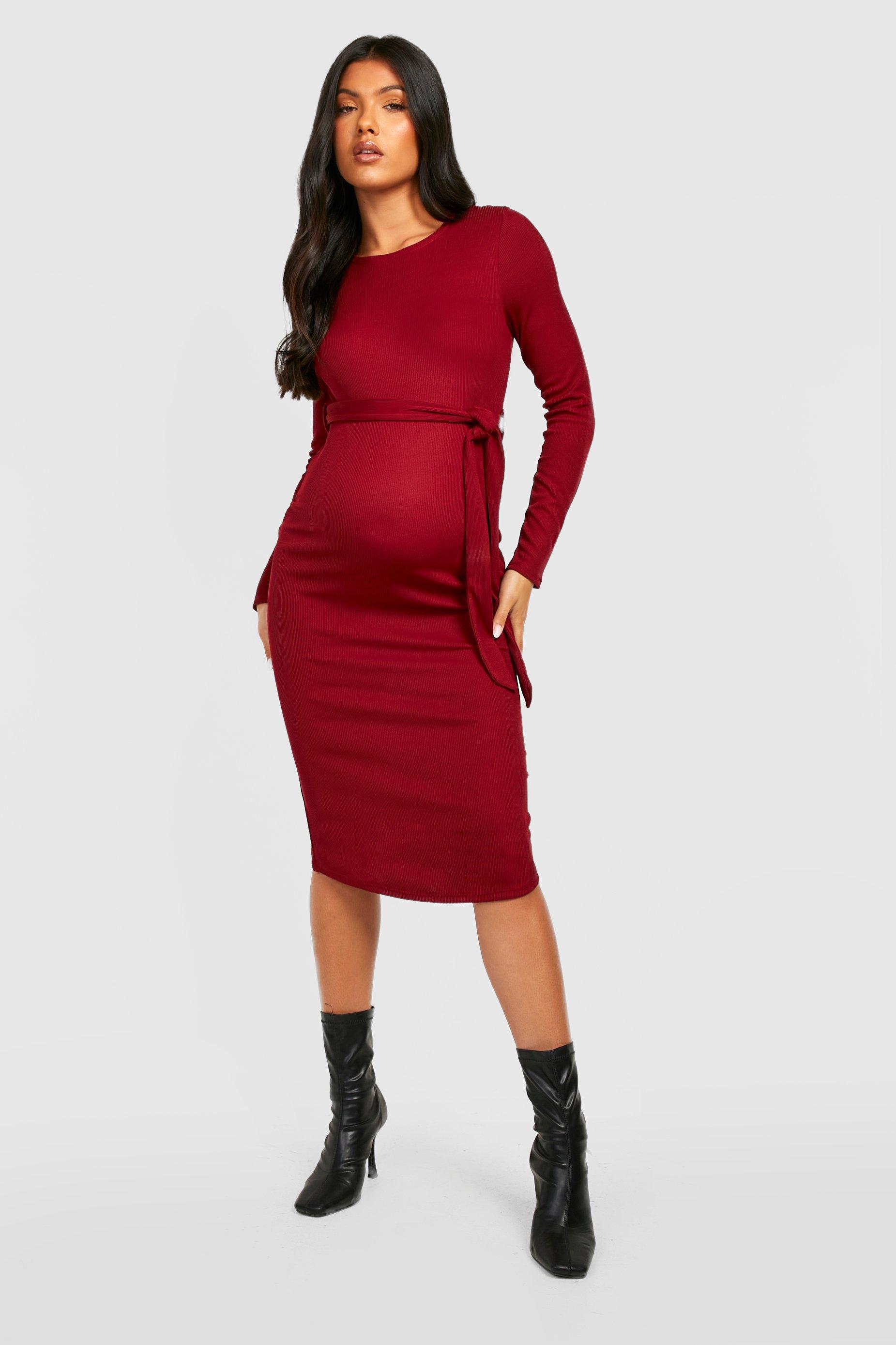 Boohoo Zwangerschap Geribbelde Midi Jurk Met Ceintuur, Wine