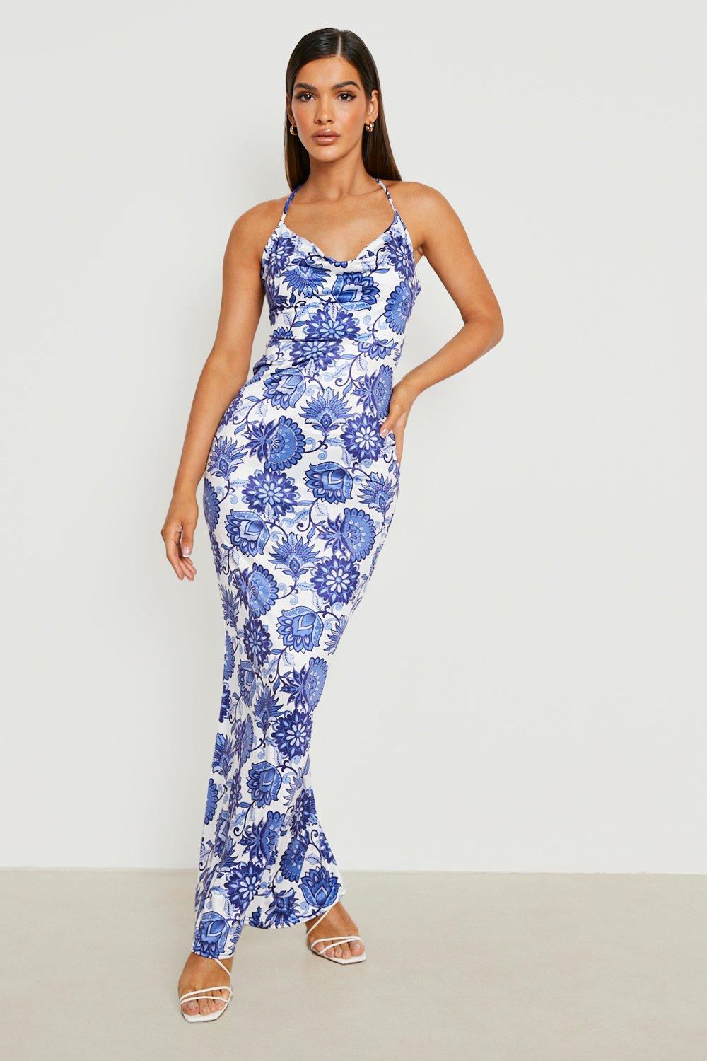 Boohoo Strakke Maxi Bloemen Jurk Met Waterval Hals, Blue