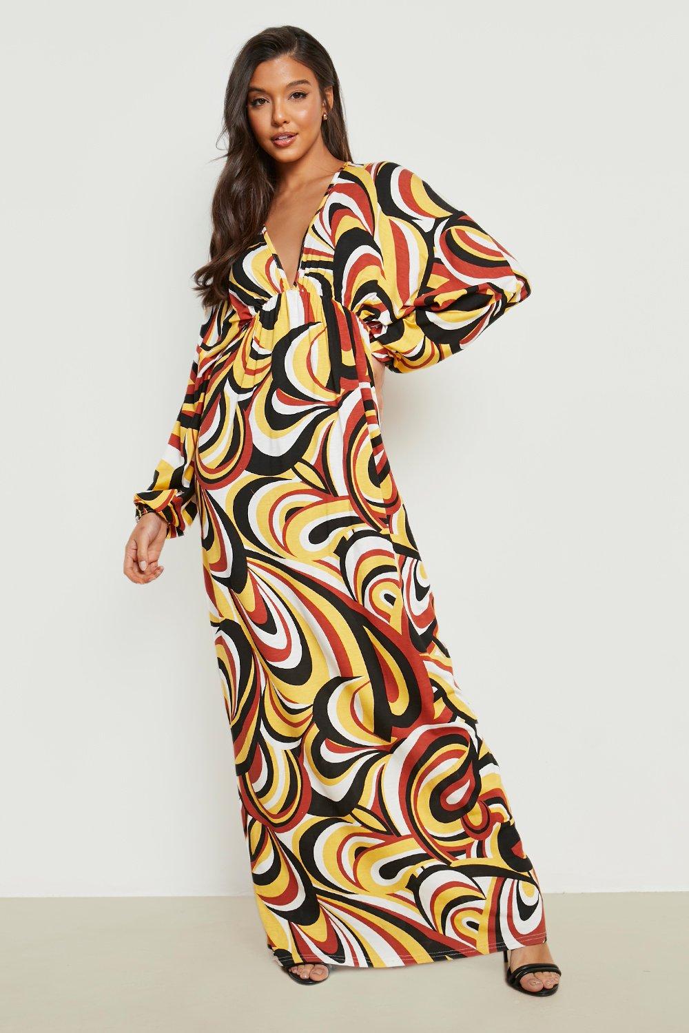 70s Dresses – Disco Dress, Hippie Dress, Caftan Dress Womens Abstract Print Batwing Maxi Dress - Yellow - 14 $32.00 AT vintagedancer.com