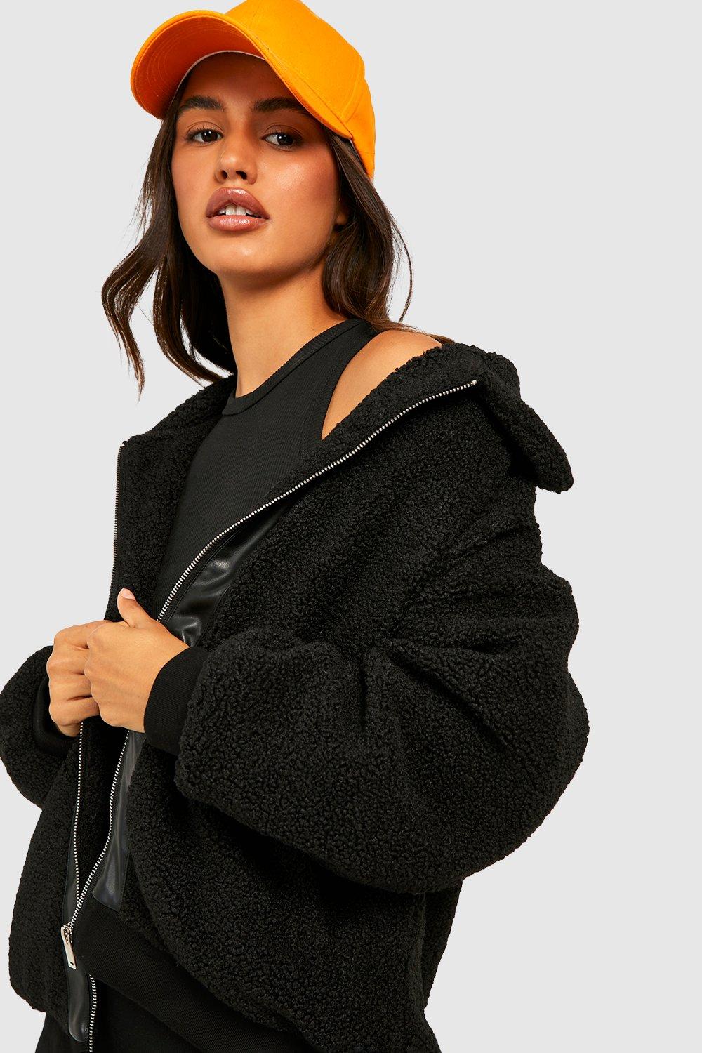 womens teddy faux fur bomber jacket - black - 6, black