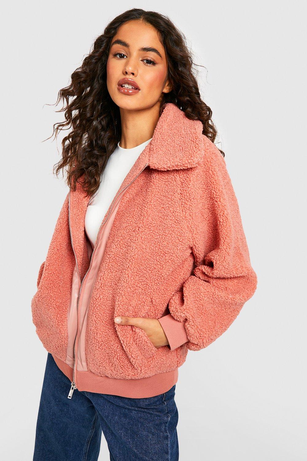 Womens Teddy Faux Fur Bomber Jacket - Pink - 8, Pink