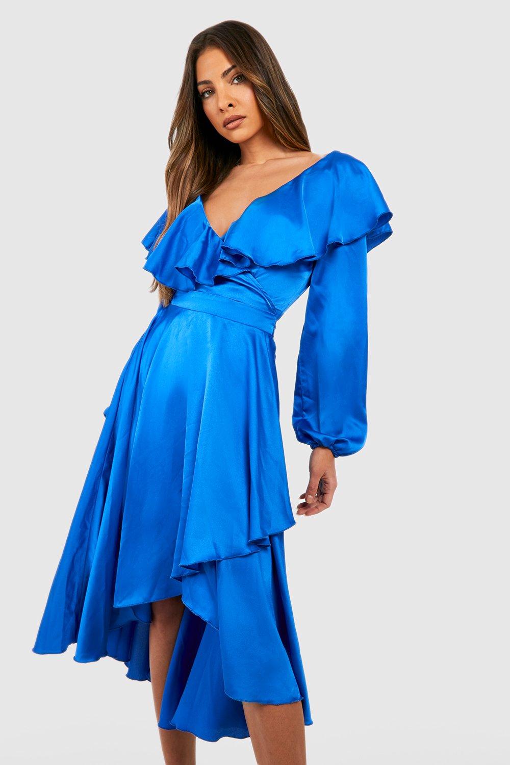 70s Sequin Dresses, Disco Dresses Womens Long Sleeve Satin Ruffle Wrap Skater Dress - Blue - 10 $50.00 AT vintagedancer.com