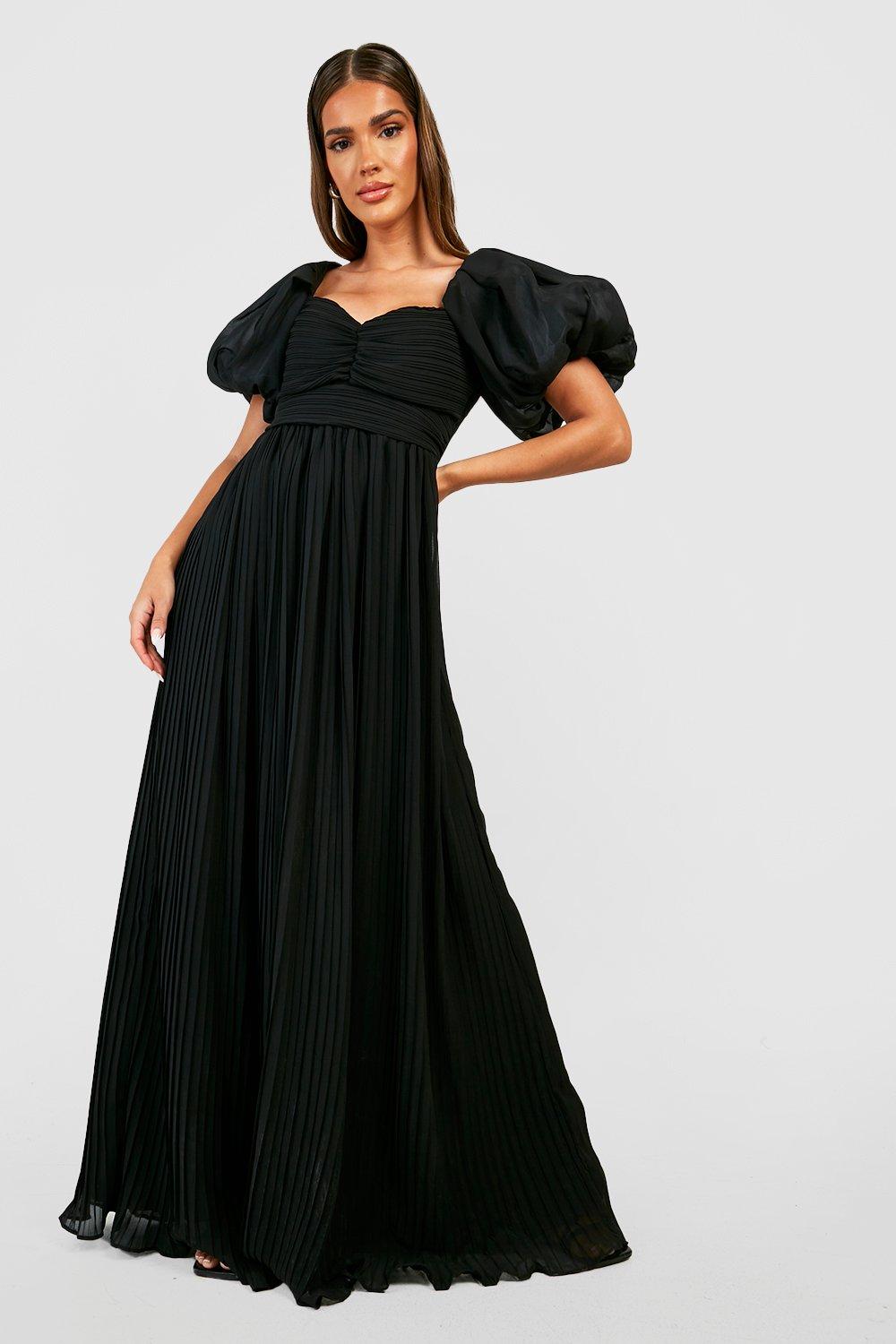Victorian Ballgown, Evening Dress Womens Pleated Chiffon Puff Sleeve Maxi Dress - Black - 14 $38.00 AT vintagedancer.com