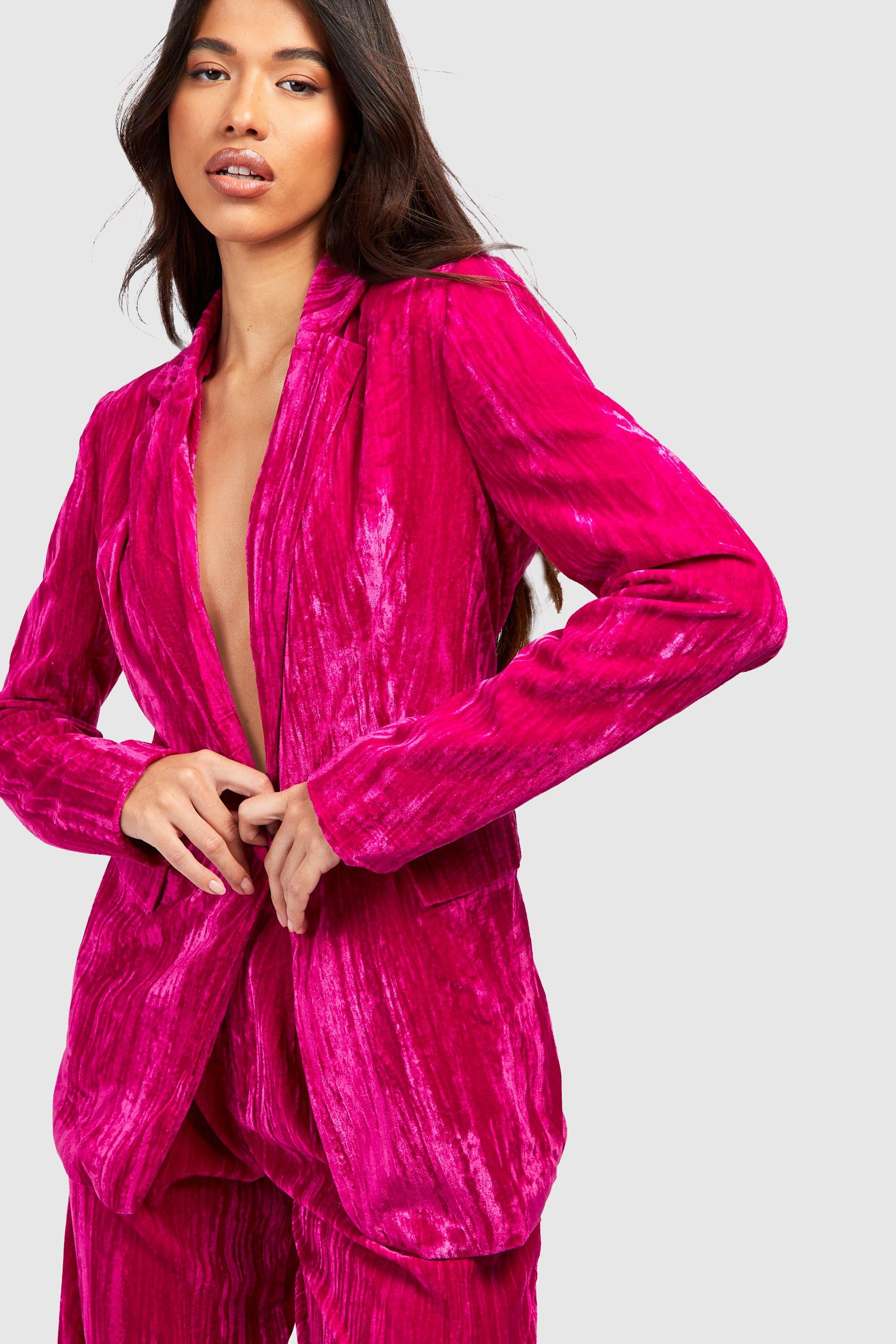 Boohoo Tall Gekreukelde Fluwelen Blazer Met Enkele Rij Knopen, Magenta Pink