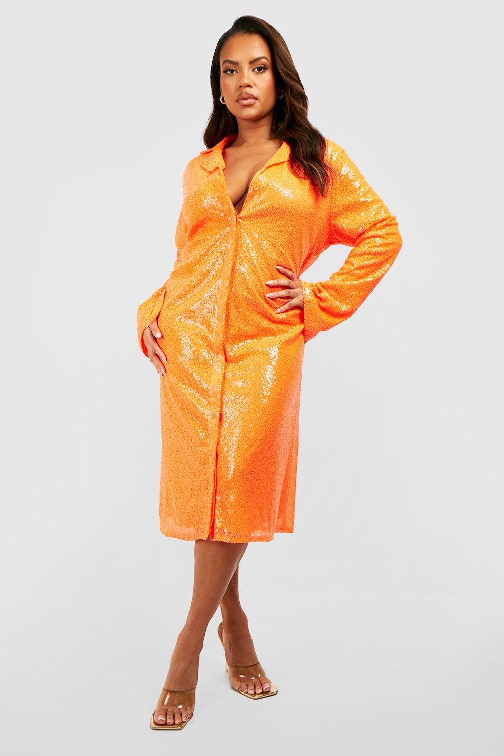 Boohoo Plus Glitter Midi Blouse Jurk Met Pailletten, Orange