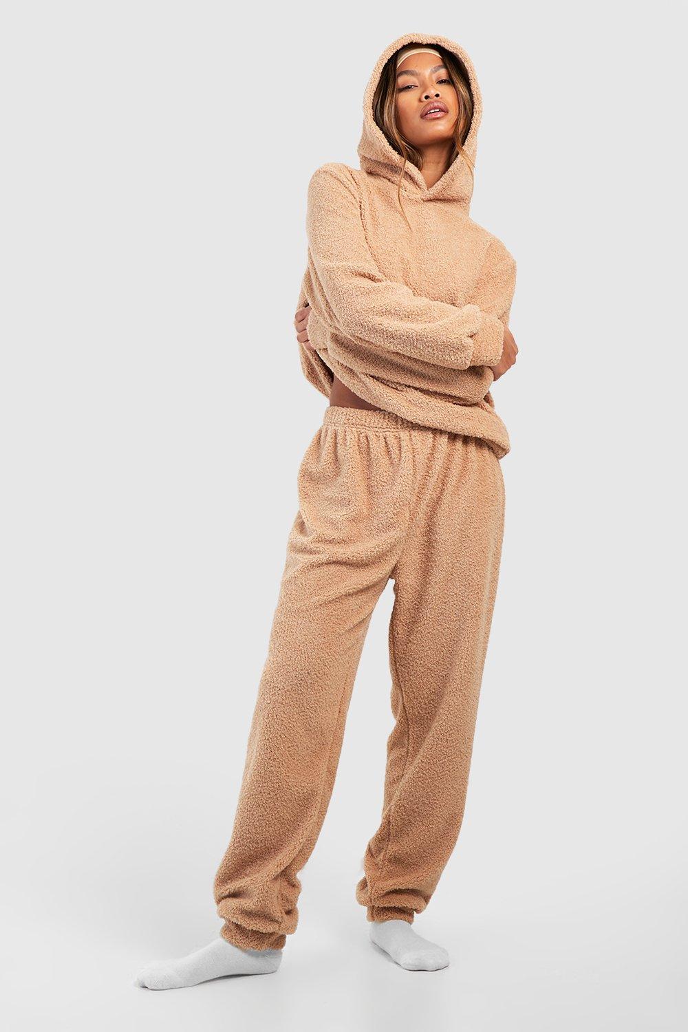 Womens Teddy Fleece Loungewear Hoodie And Jogger Set - Beige - M, Beige