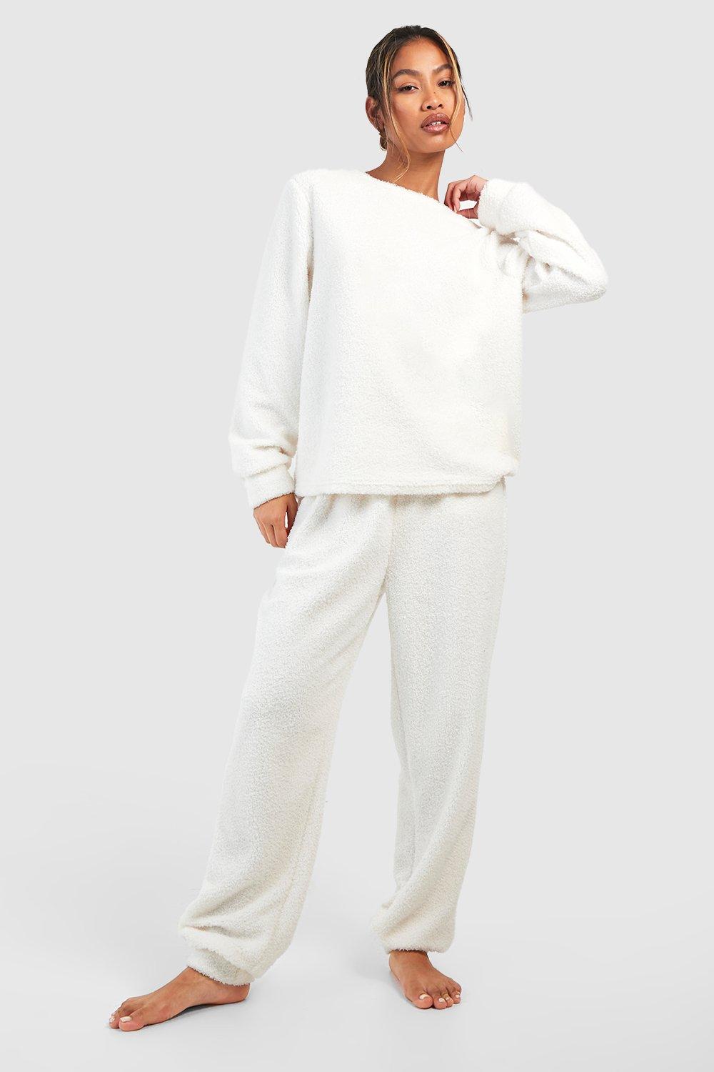 Womens Teddy Fleece Long Sleeve Loungewear Jogger Set - Cream - L, Cream