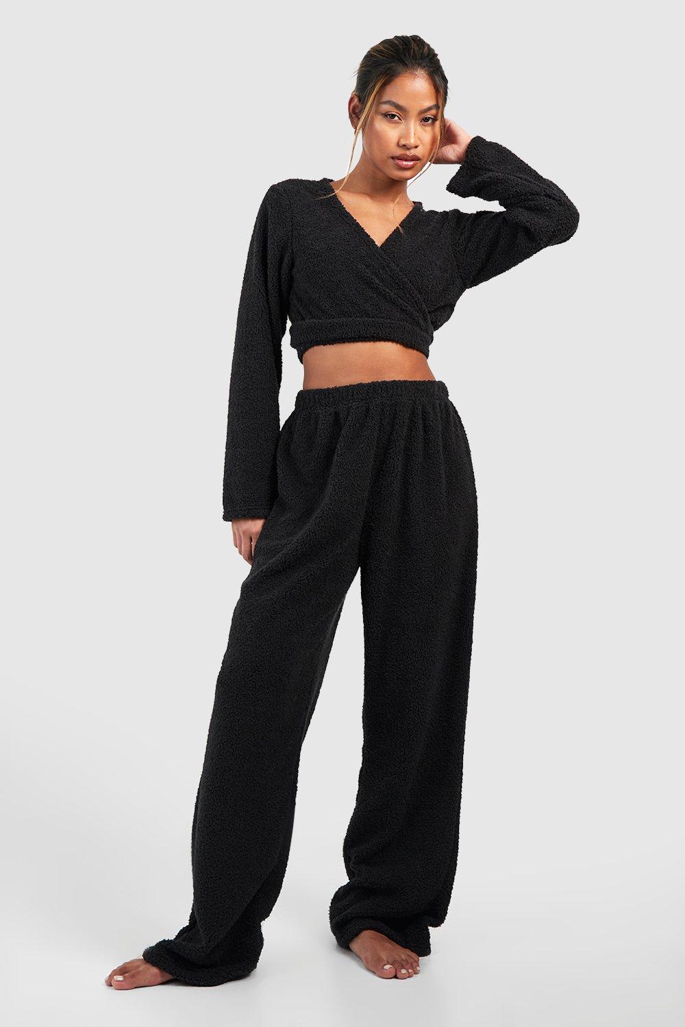 Womens Teddy Wrap Top & Trouser Fleece Loungewear Set - Black - L, Black