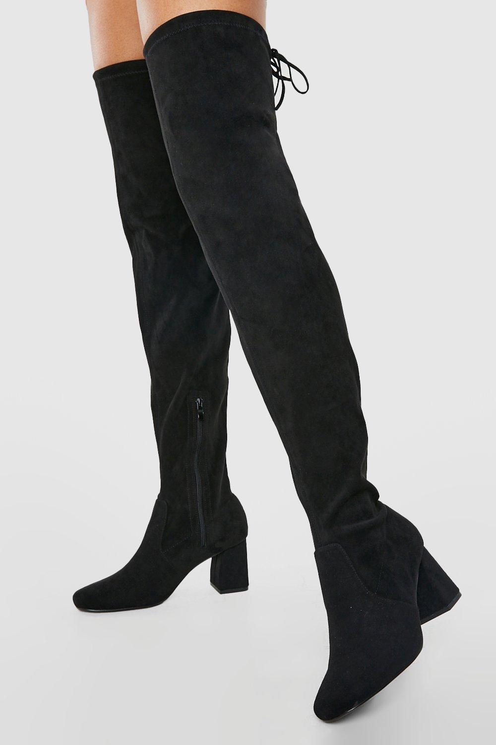 Image of Stivali sopra il ginocchio a calzata ampia con tacco a blocco, Nero