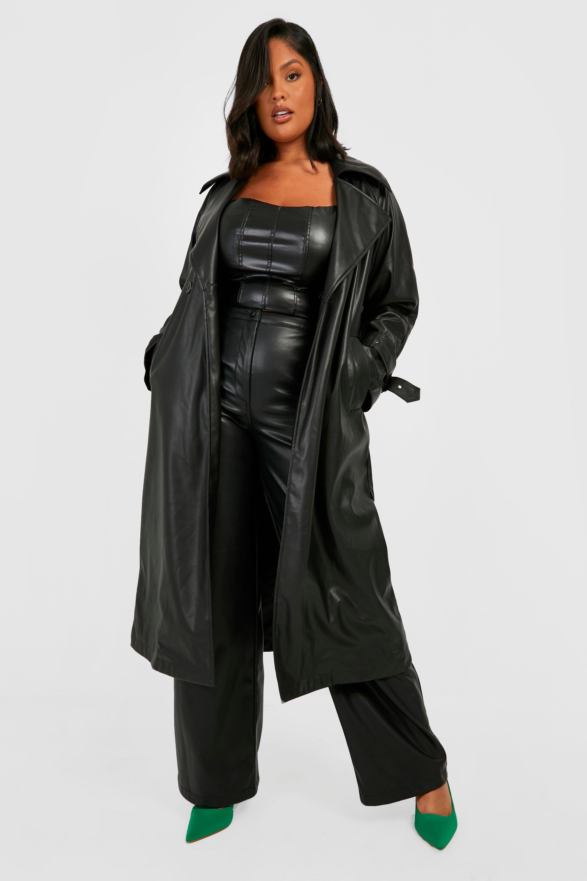 Womens Plus Pu Buckle Cuff Trench Coat - Black - 24, Black