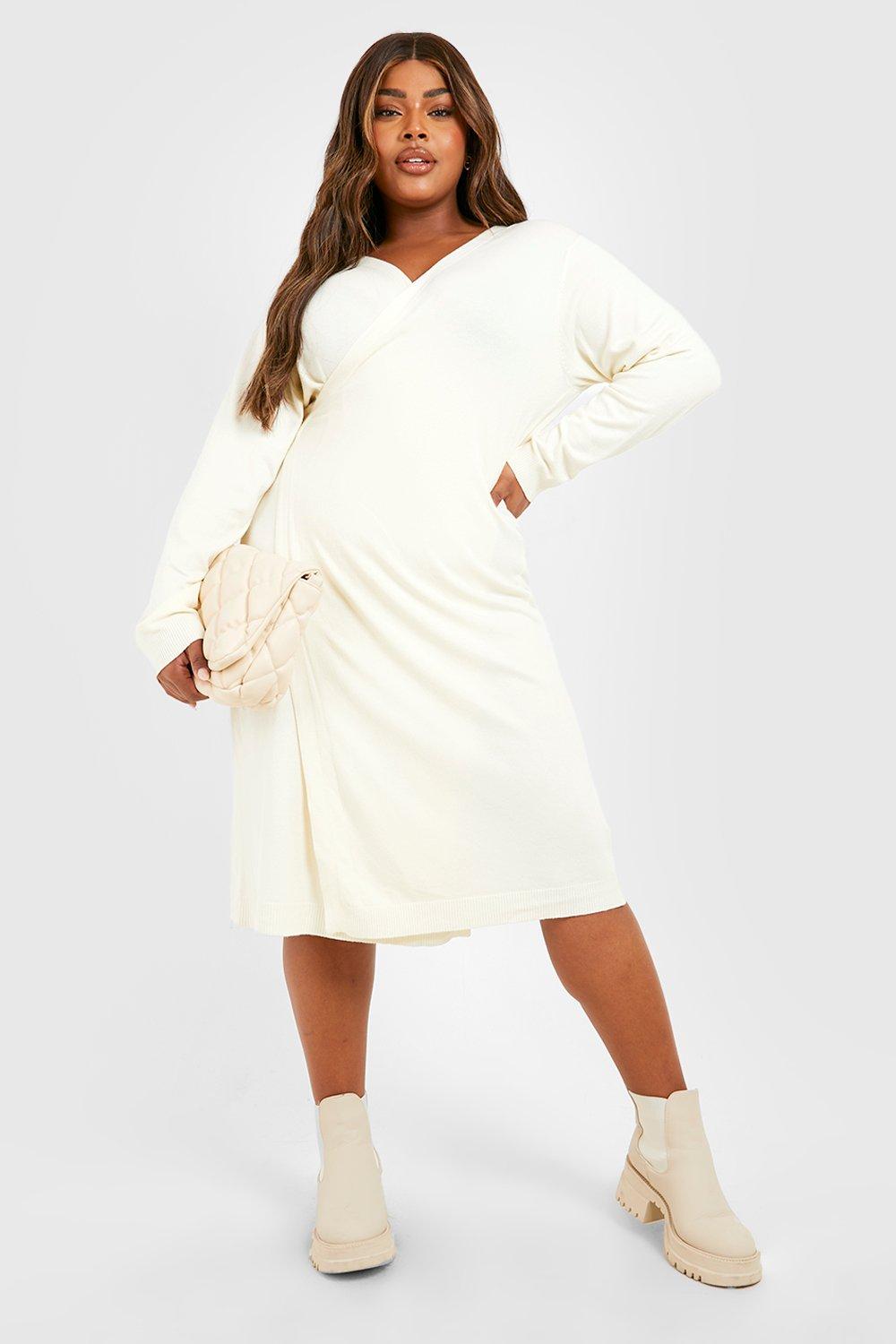 Womens Plus Knitted Wrap Midi Dress - White - 28, White