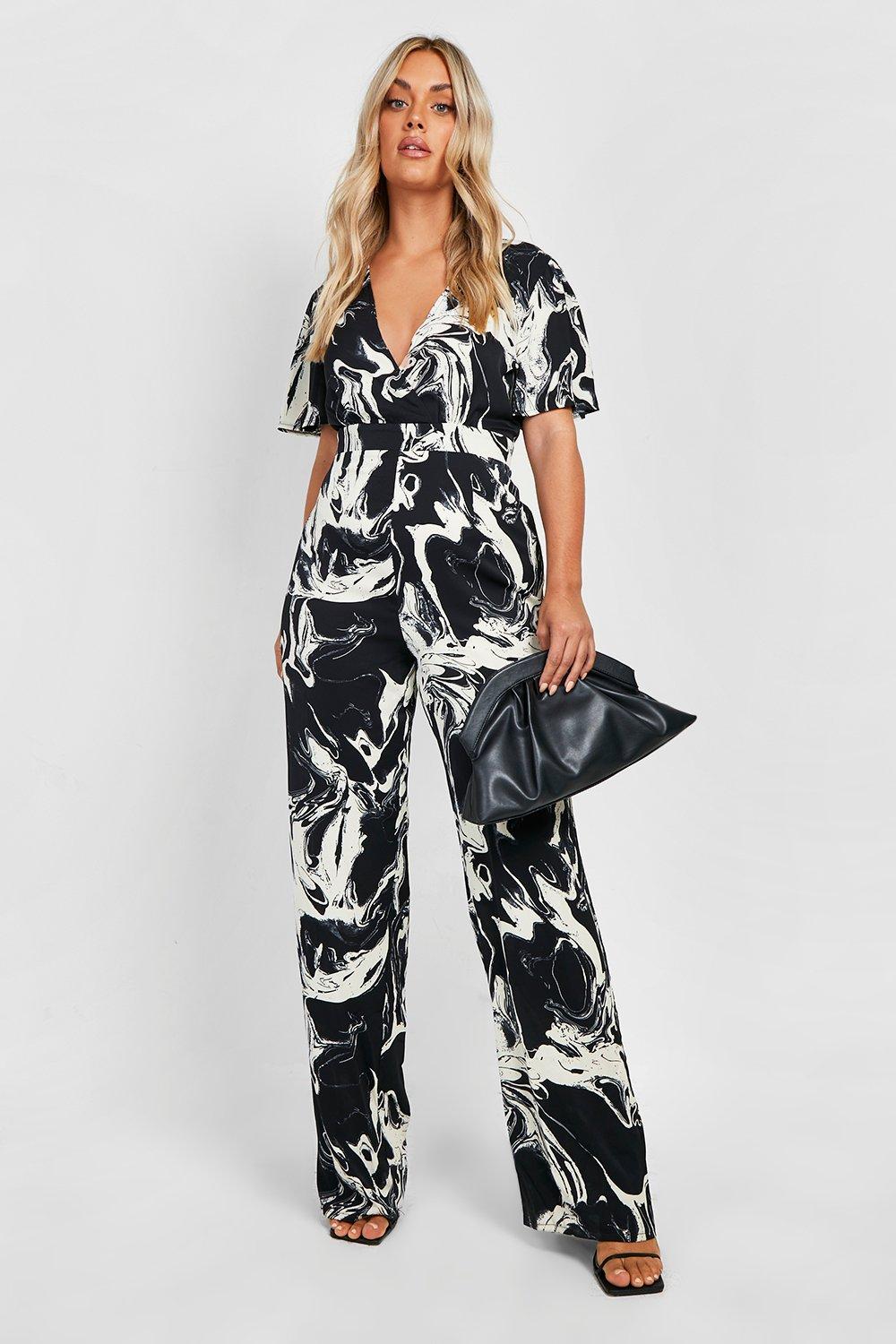 Womens Plus Marble Print Woven Angel Wing Jumpsuit - Black - 24, Black