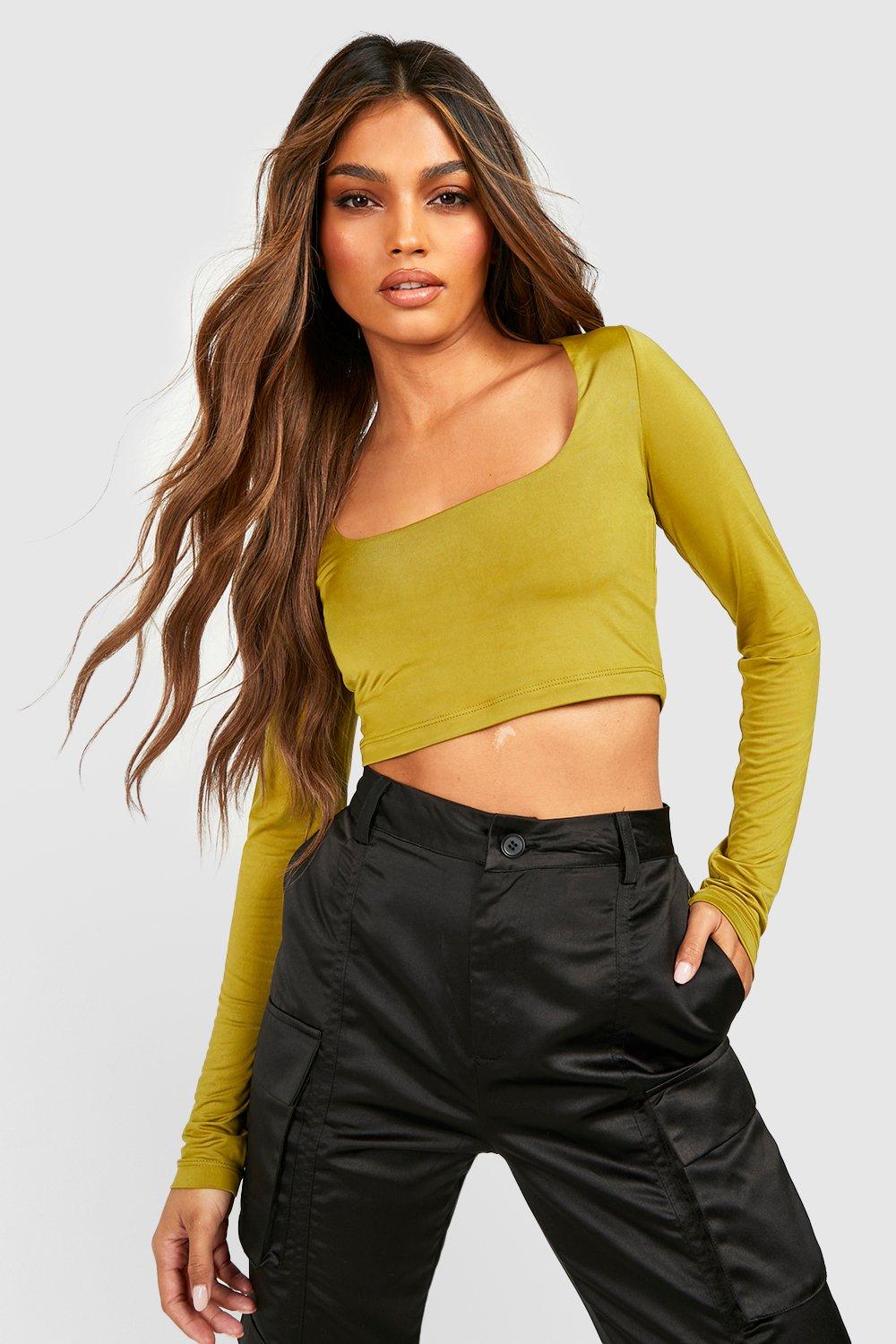 Boohoo Strakke Crop Top Met Vierkante Hals En Dubbele Lagen, Olive