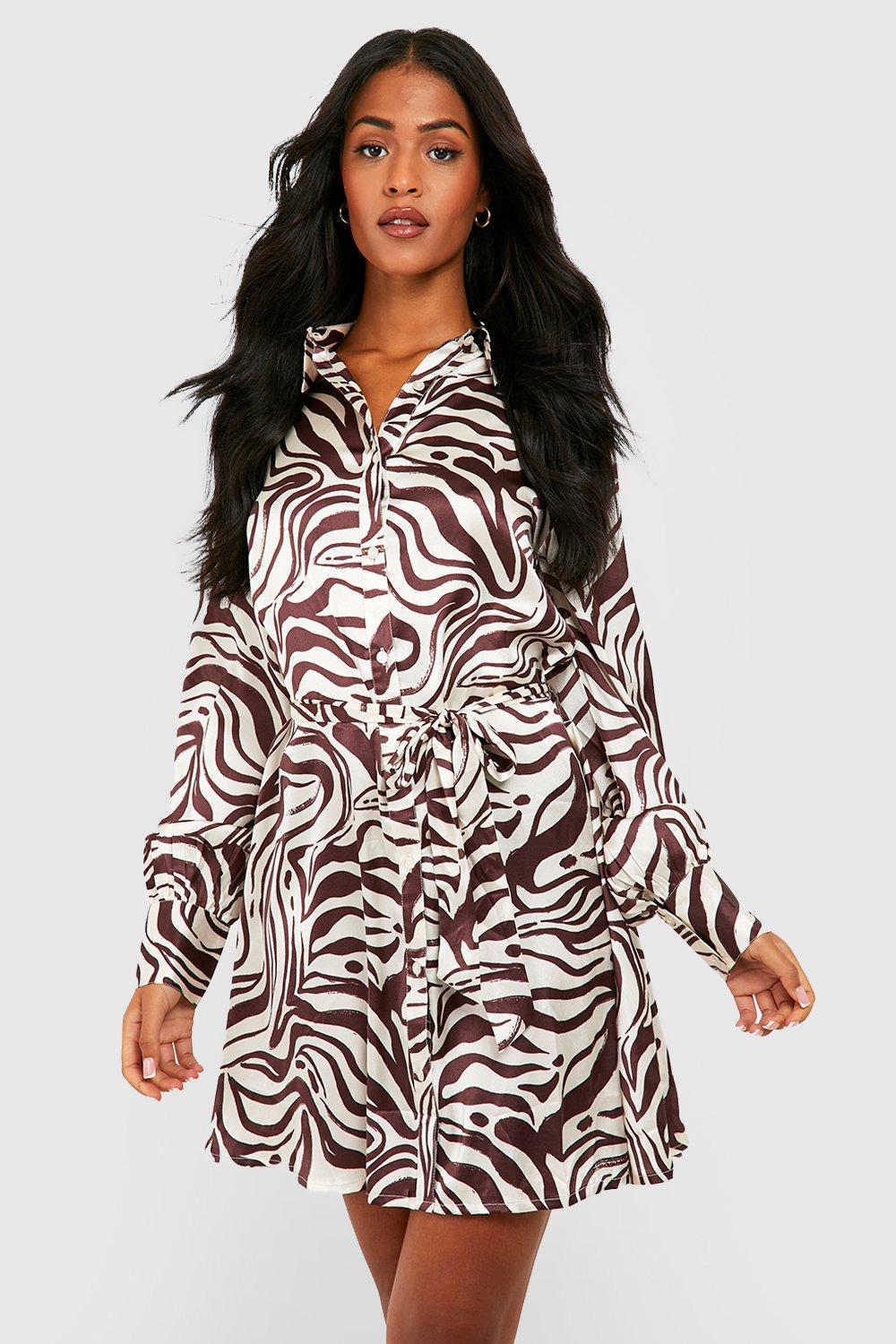 Boohoo Tall Satijnen Swirl En Zebraprint Blouse Jurk Met Ceintuur, Ivory