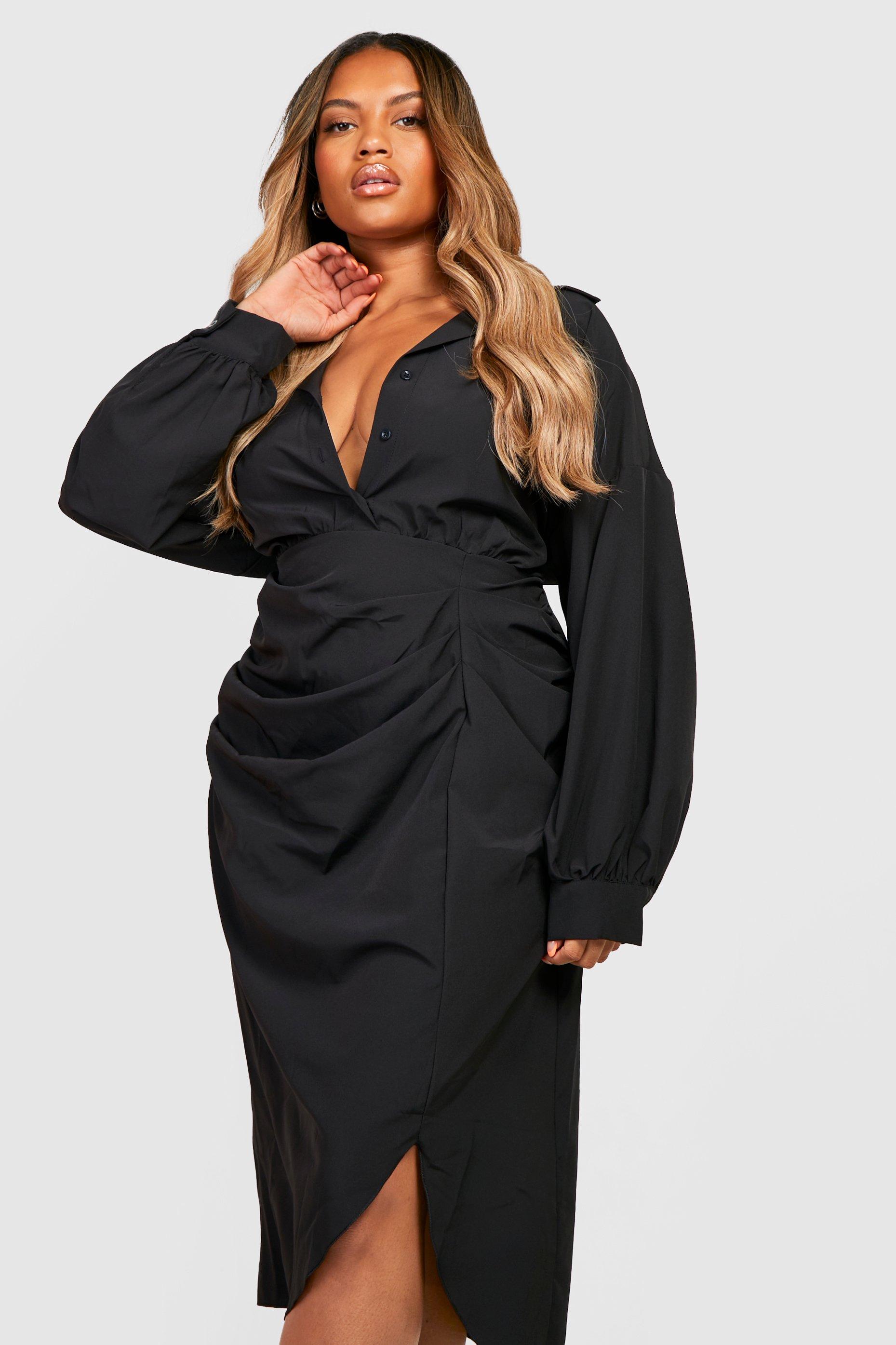 Womens Plus Woven Ruched Detail Midi Shirt Dress - Black - 26, Black
