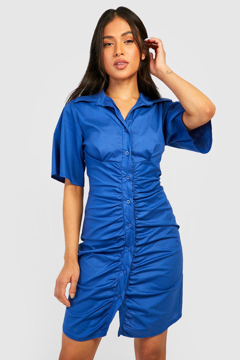 Womens Petite Cotton Poplin Ruched Shirt Dress - Blue - 4, Blue