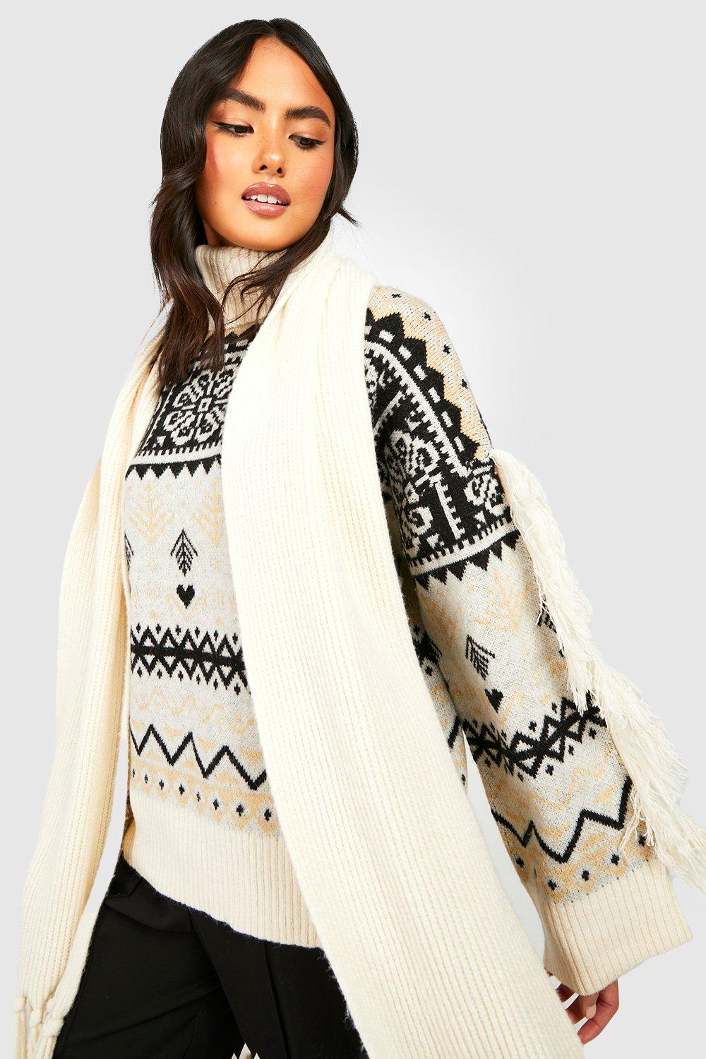 Image of Pullover in maglia con motivi Fairisle e frange, Bianco