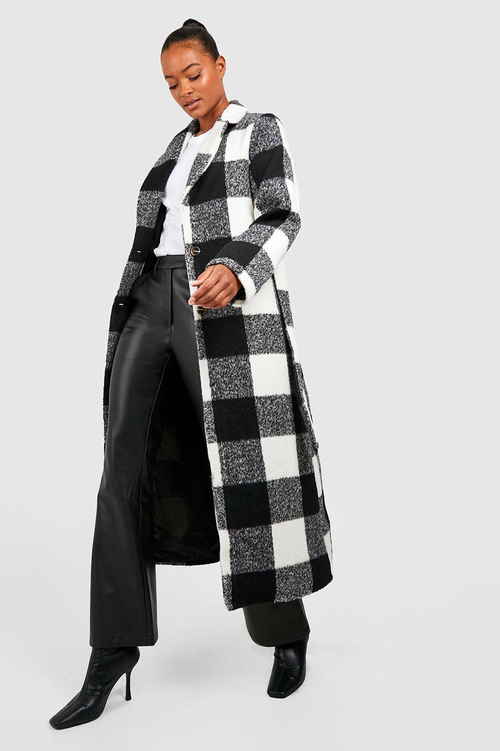 Womens Tall Oversized Check Belted Wool Look Coat - White - 8, White