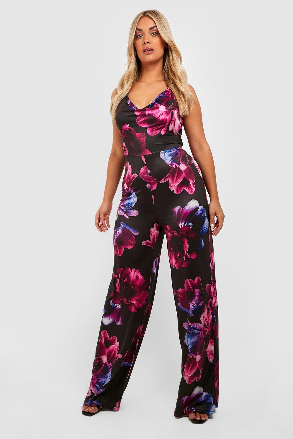womens plus recycled slinky floral flare jumpsuit - black - 28, black