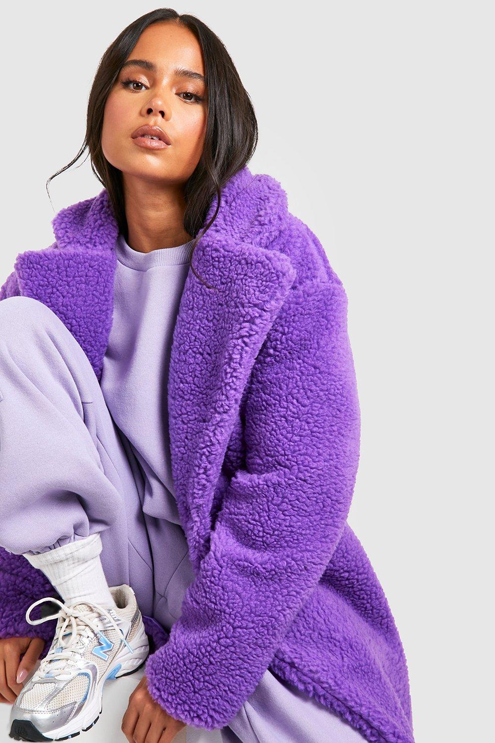 Womens Petite Pocket Detail Teddy Fur Coat - Purple - 6, Purple