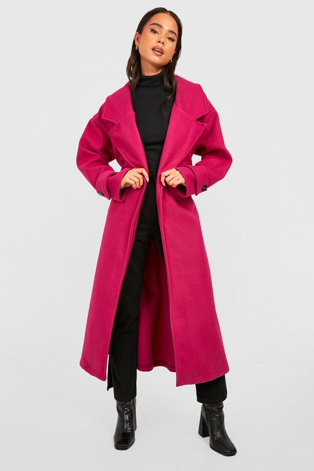 Womens Petite Oversized Wool Look Longline Belted Trench Coat - Purple - 4, Purple