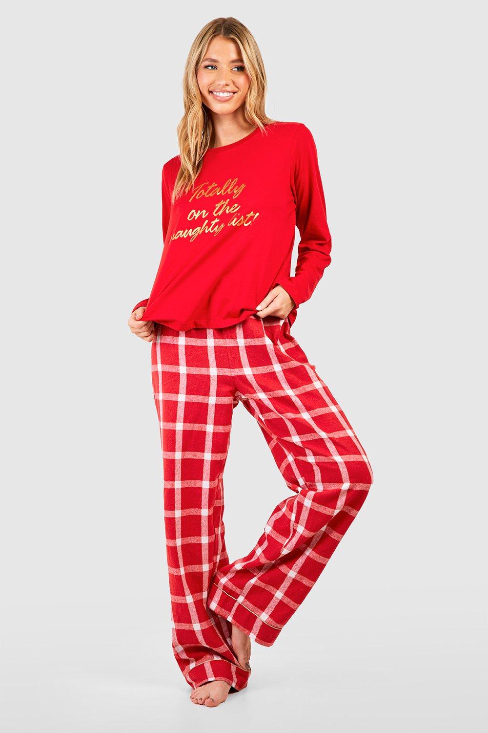 Womens Christmas Naughty List Pyjama Long Sleeve T-Shirt & Check Trouser Set - Red - 12, Red