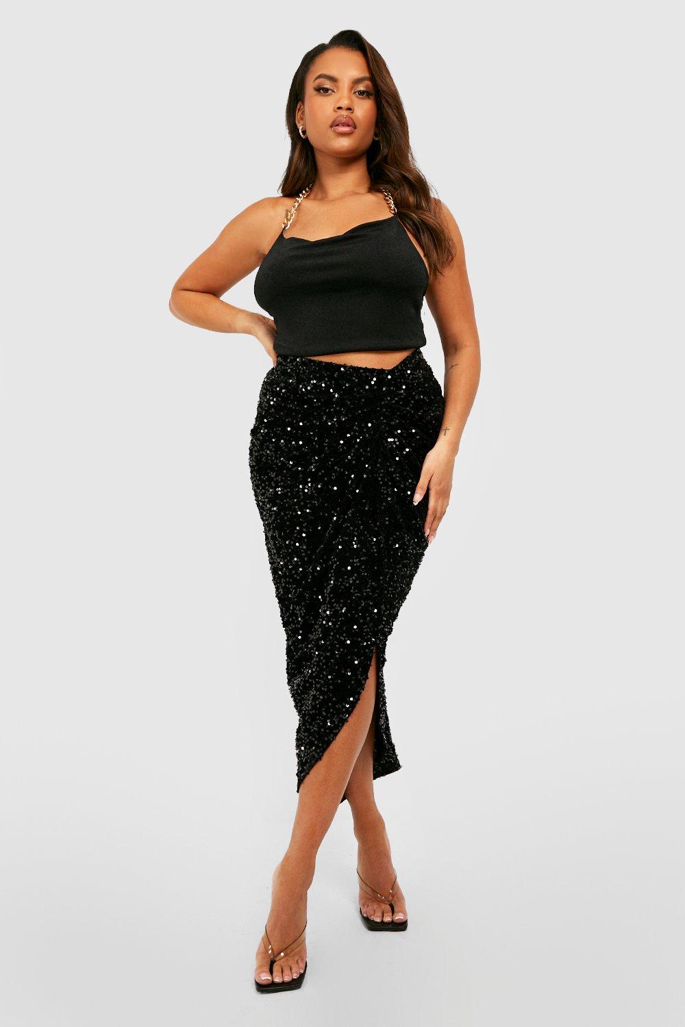 Boohoo Plus Geplooide Glitter Midi Rok Met Pailletten En Voor- En Achteropdruk, Black