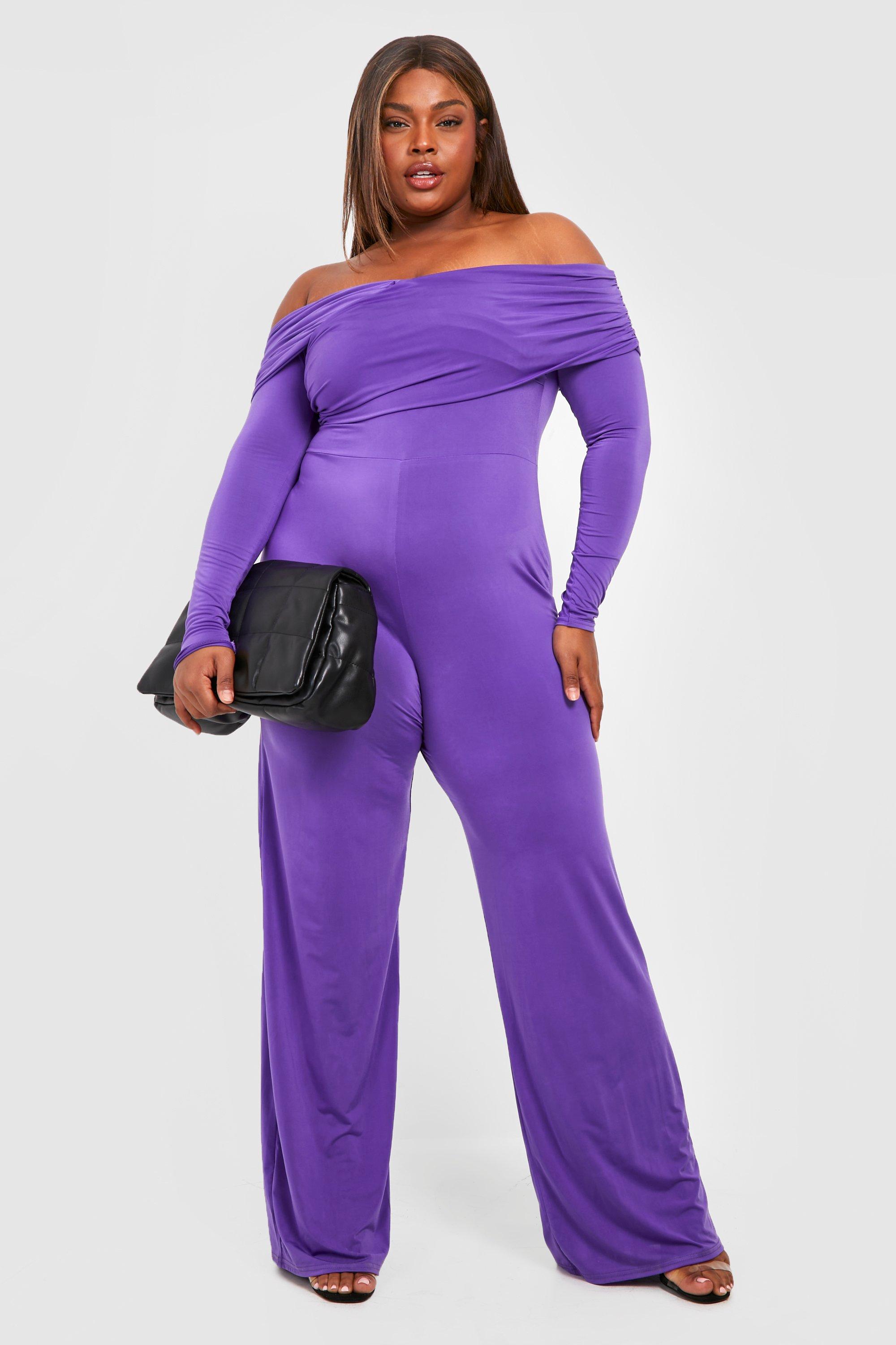 Womens Plus Slinky Off Shoulder Jumpsuit - Purple - 28, Purple