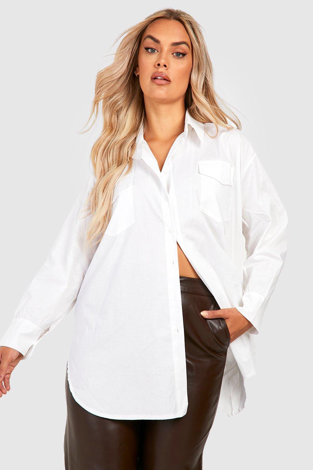 Image of Camicia Plus Size oversize stile Utility in popeline, Bianco
