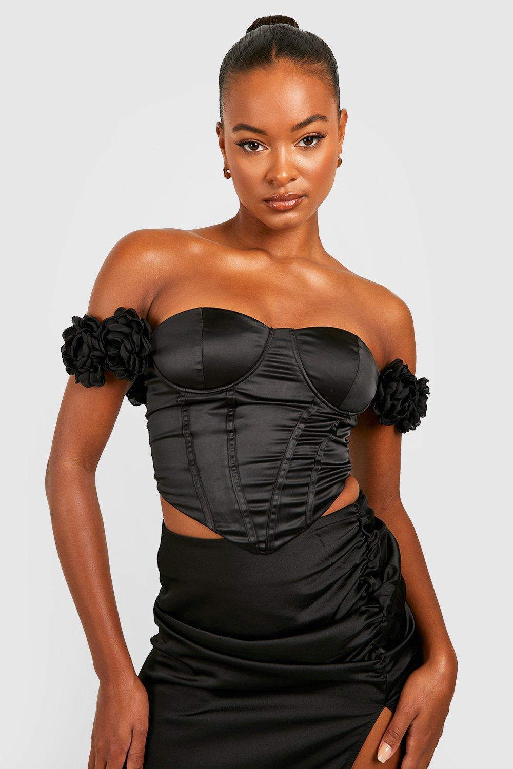 womens tall satin rose corset top - black - 8, black