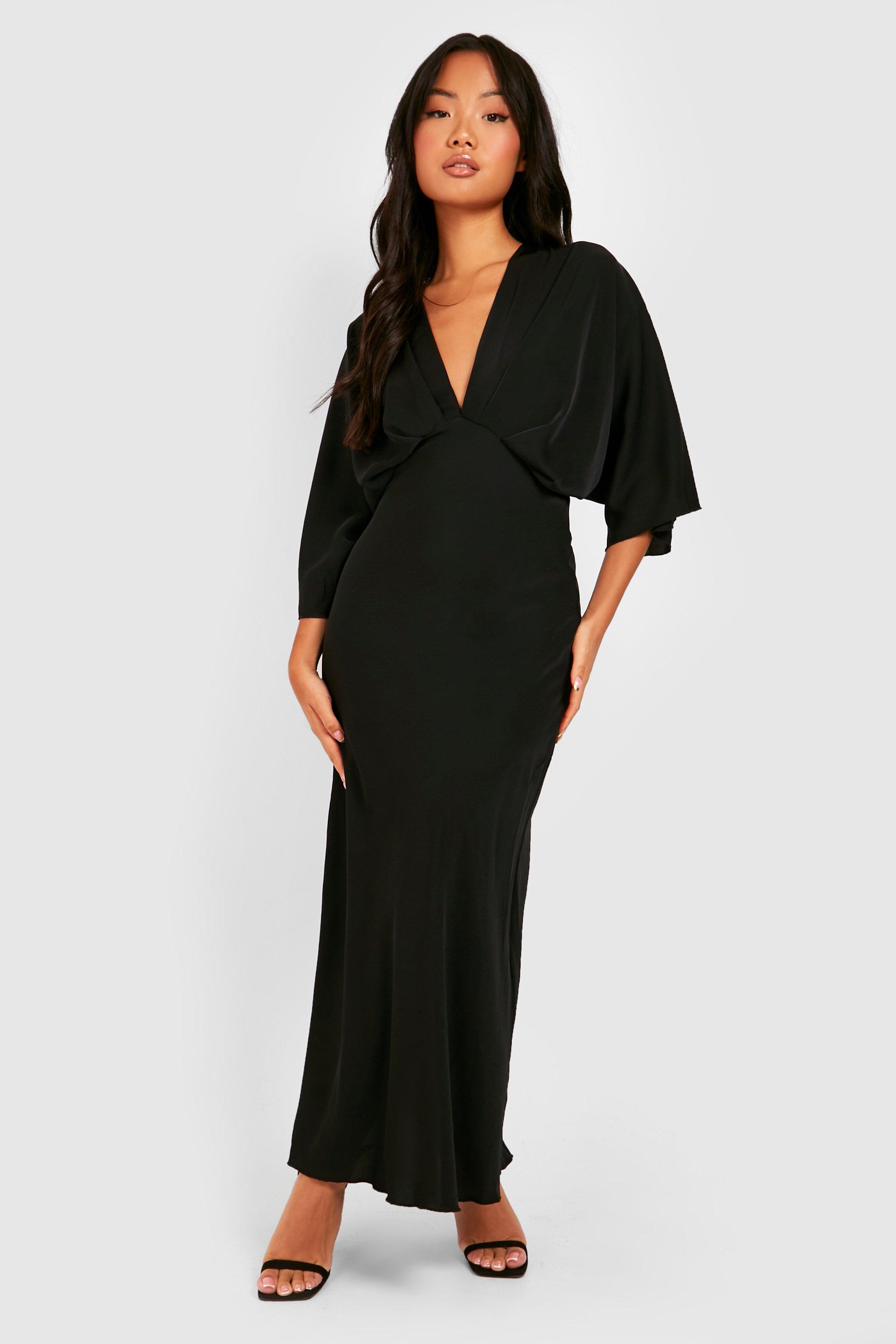 Womens Petite Bias Cut Angel Sleeve Maxi Dress - Black - 10, Black