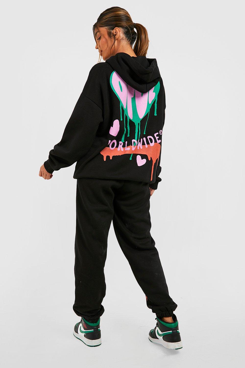 Womens Multi Graffiti Print Hooded Tracksuit - Black - Xl, Black